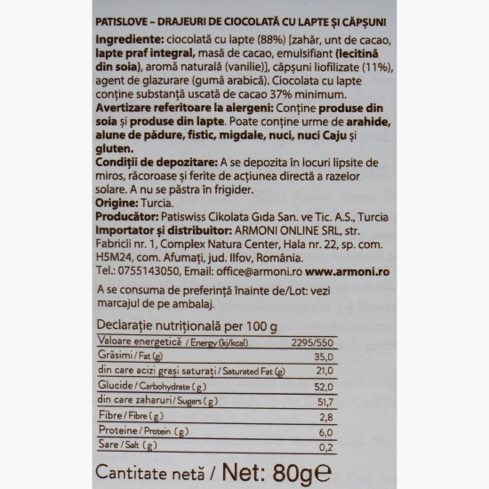 Drajeuri de ciocolată cu lapte și căpșuni 80g