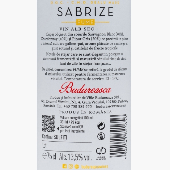 Vin alb sec Sabrize Fume Chardonnay, Sauvignon Blanc & Pinot Gris, 13.5%, 0.75l 