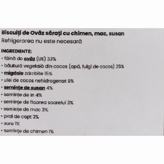 Biscuiți sărați din ovăz și migdale cu semințe (chimen, mac și susan) 115g