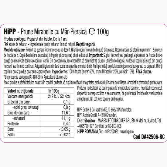 Piure ecologic de prune Mirabelle, măr și piersică, +1 an, 100g