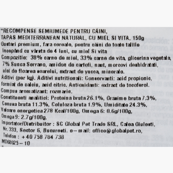 Recompense semiumede pentru câini, cu miel și vită, fără cereale 150g