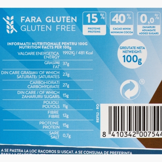 Ciocolată cu lapte cu 15% proteine din soia, fără zahăr și fără gluten 100g