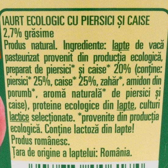 Iaurt eco piersici și caise 2.7% grăsime 130g