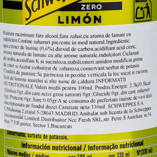 Apă tonică cu aromă de lămâie, fără zahăr adăugat, sticlă 0.33l