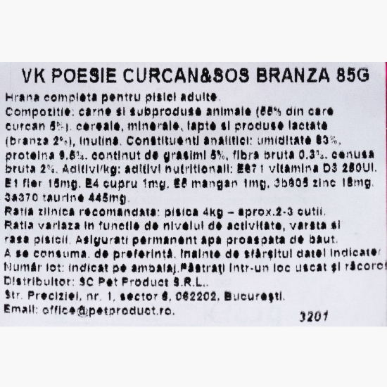 Hrană umedă pentru pisici, 85g, Poesie curcan și sos de brânză