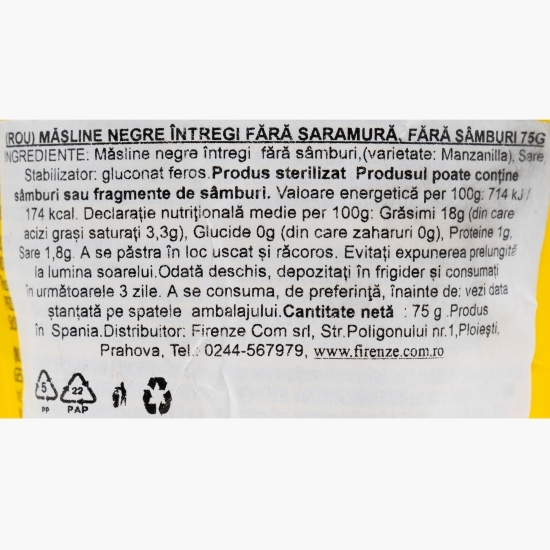 Măsline Manzanilla negre fără sâmburi și fără saramură 75g