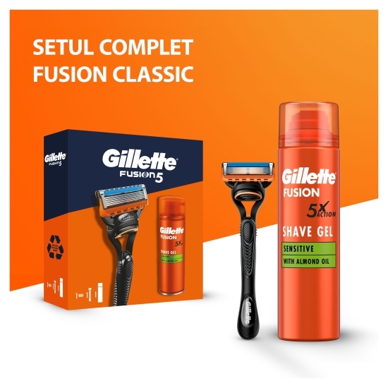 Set cadou Fusion5: aparat de ras, mâner + 3 rezerve + gel de ras Fusion Ultra Sensitive 200ml + gentuță voiaj