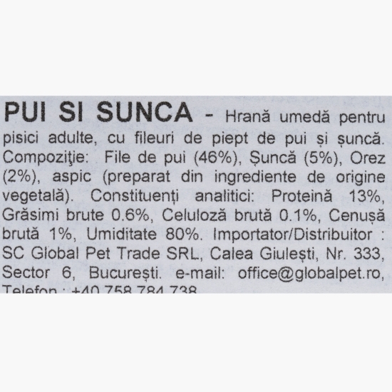 Hrană umedă pentru pisici adulte, cu pui și șuncă 70g