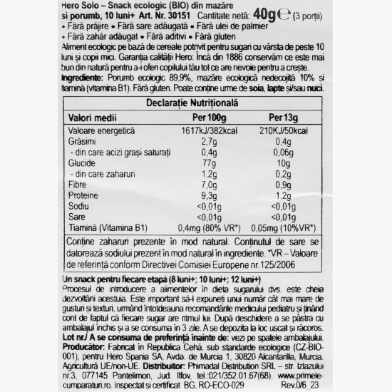 Snack eco din mazăre și porumb, +10 luni, 40g