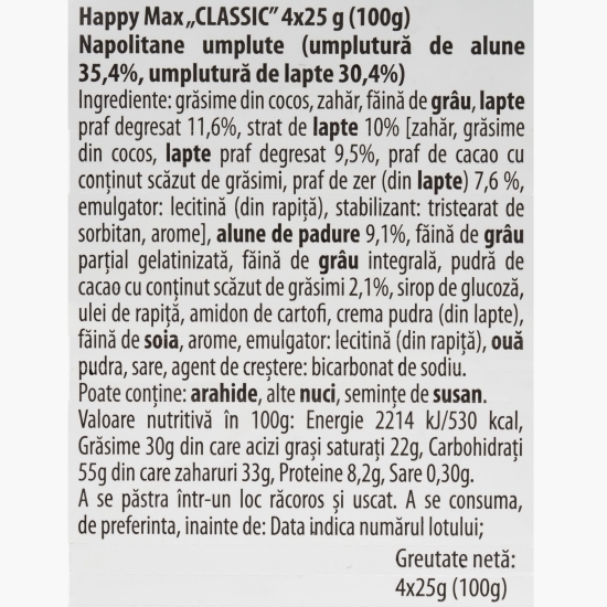 Napolitane mini cu cremă de alune și lapte Happy Max Mini 4x25g