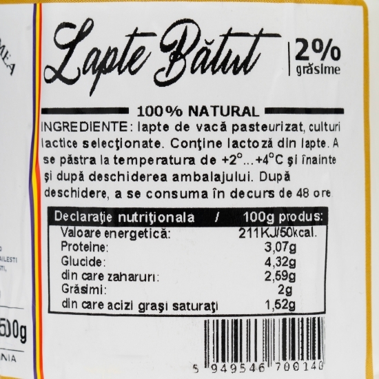 Lapte bătut 2% grăsime, 500g