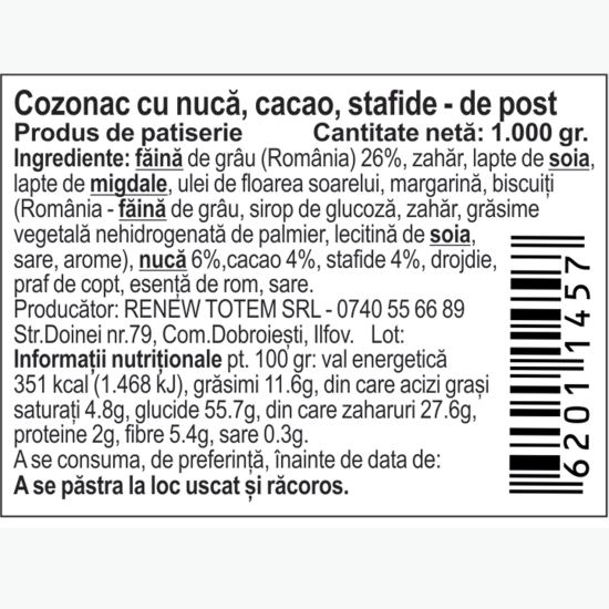 Cozonac cu cacao, nucă și stafide de post 1000g