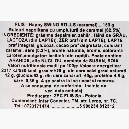 Rulouri din napolitană cu cremă de caramel sărat Happy Swing 150g