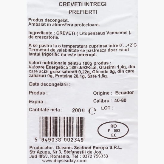 Creveți întregi prefierți 40/60, 200g