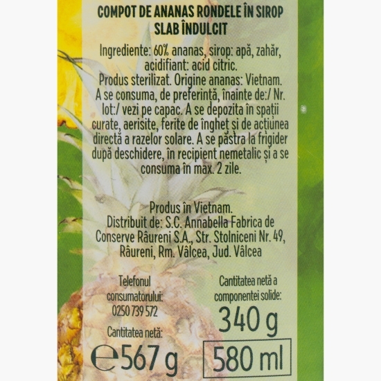 Compot ananas rondele în sirop 567g 