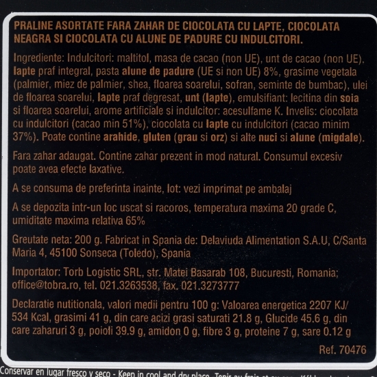  Praline asortate (lapte, alune pădure, neagră 70% cacao) fără zahăr, 200g