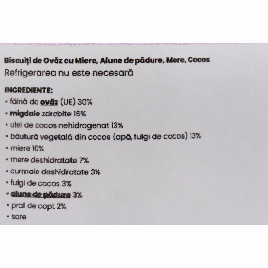 Biscuiți de ovăz cu miere, alune de pădure, cocos și mere 120g