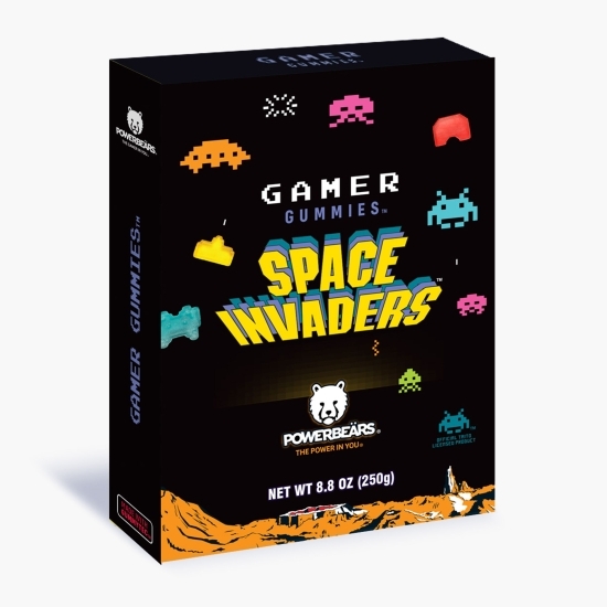 Jeleuri gumate Space Invaders cu 20% suc din fructe, vitaminele C și E, Gift box 250g