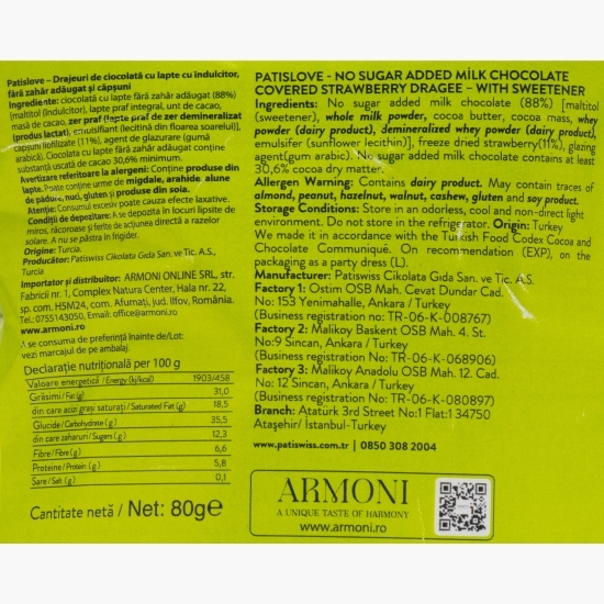 Drajeuri de ciocolată cu lapte și căpșuni, cu îndulcitor, fără zahăr adăugat 80g
