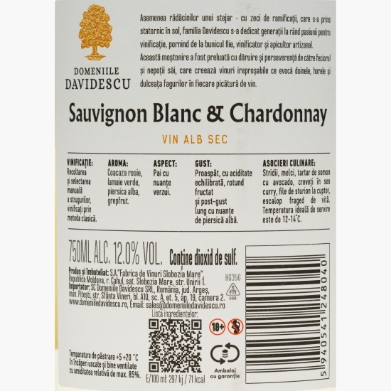 Vin alb sec Sauvignon Blanc & Chardonnay, 12%, 0.75l