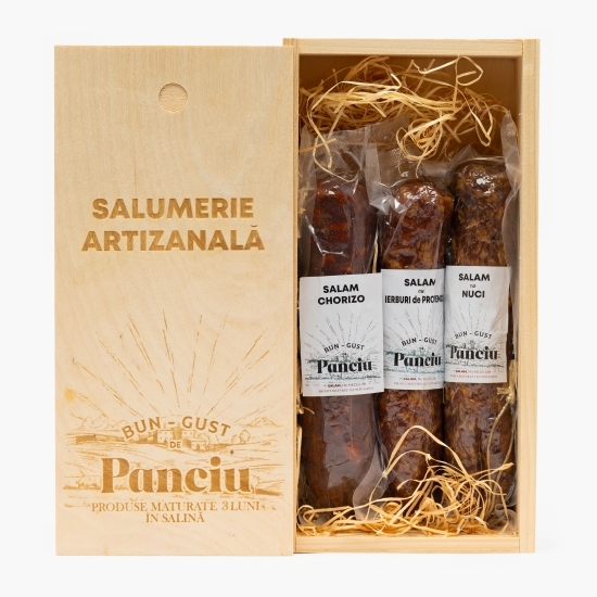 Cutie cadou cu 3 salamuri (Chorizo, Ierburi de Provence, Nuci)