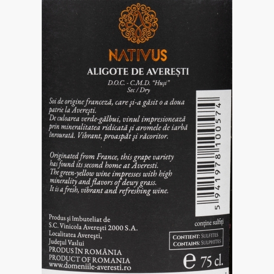 Vin alb sec Nativus Aligote de Averești, D.O.C. Huși, 13%, 0.75l