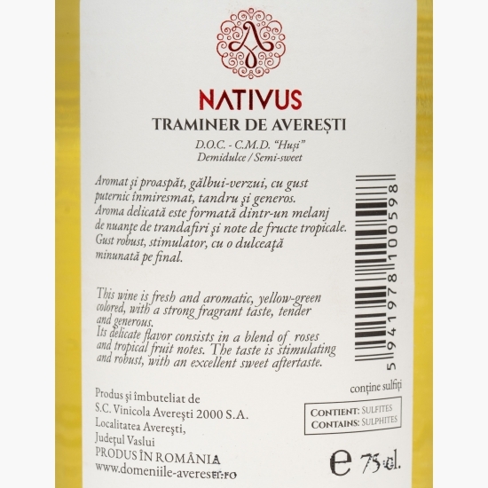 Vin alb demidulce Nativus Traminer de Averești, D.O.C. Huși, 14.5%, 0.75l