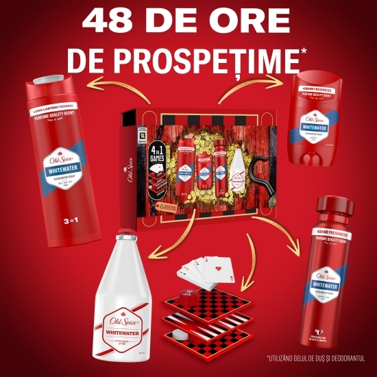 Set cadou Gamebox Pirate Whitewater: gel de duș 250ml + deodorant stick 50ml + deodorant spray 150ml + loțiune după ras 100ml + cărți de joc