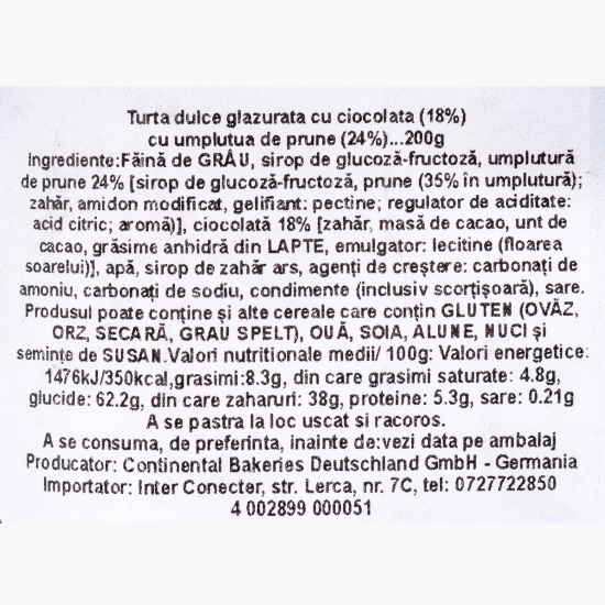 Turtă dulce cu glazură de ciocolată cu lapte și umplutură de prune 200g