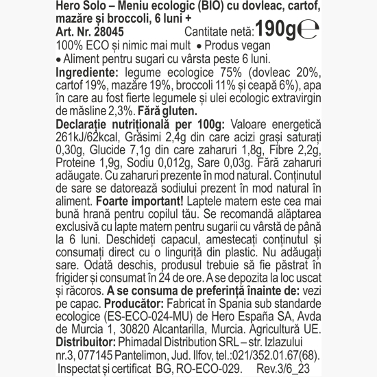 Meniu eco cu dovleac, cartofi, mazăre și broccoli 190g, +6 luni