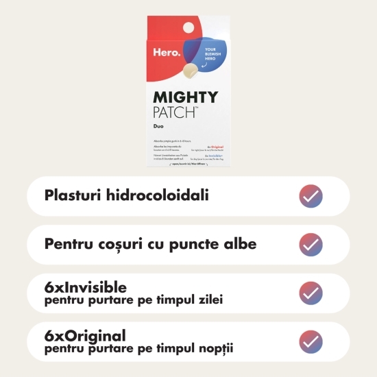 Plasturi hidrocoloidali anti acnee Mighty Patch Duo, 12 buc