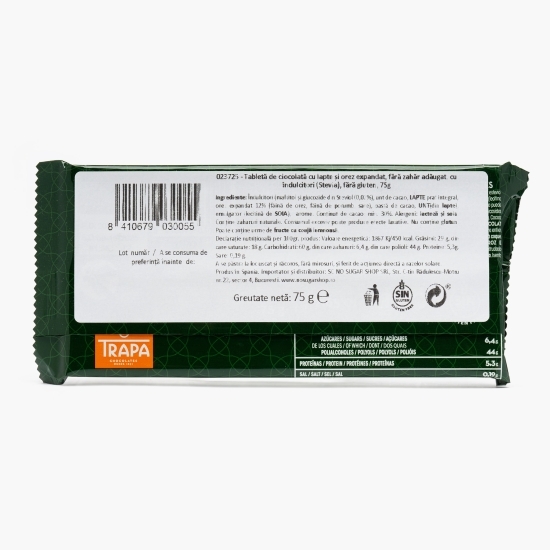 Ciocolată cu lapte și orez expandat cu stevia (fără zahăr) 75g