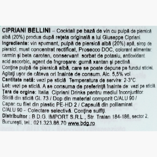 Cocktail Bellini pe bază de vin cu pulpă de piersică albă, 5.5%, 0.75l