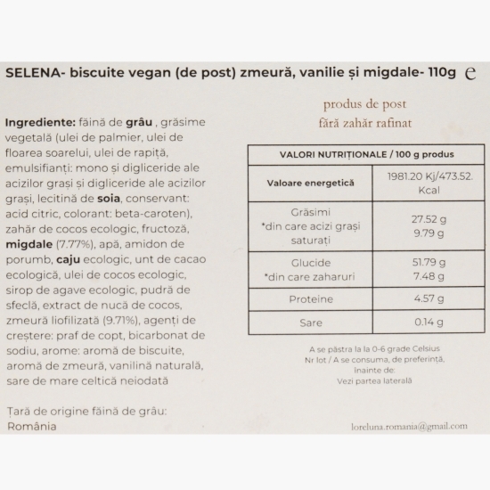 Cookie-biscuit vegan cu zmeură, vanilie și migdale Selena 110g