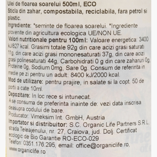 Ulei eco de floarea-soarelui, presat la rece 500ml