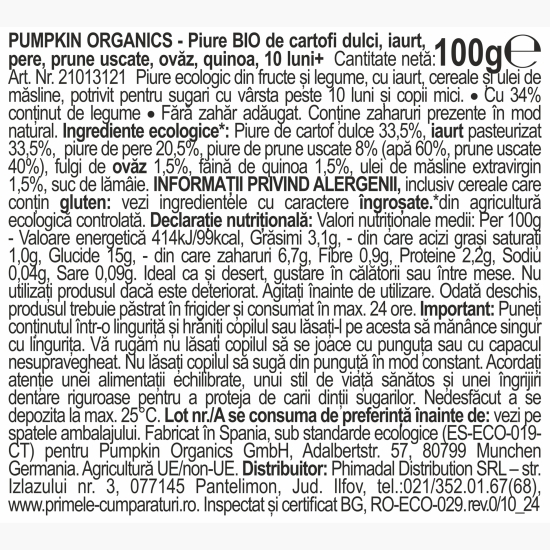 Piure eco de cartofi dulci, iaurt, pere, prune uscate, ovăz și quinoa 100g, +10 luni