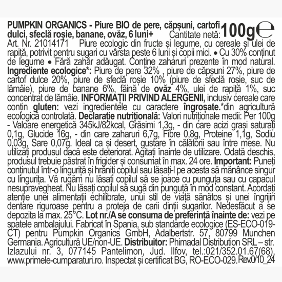 Piure eco de pere, căpșuni, cartofi dulci, sfeclă roșie, banane și ovăz 100g, +6 luni