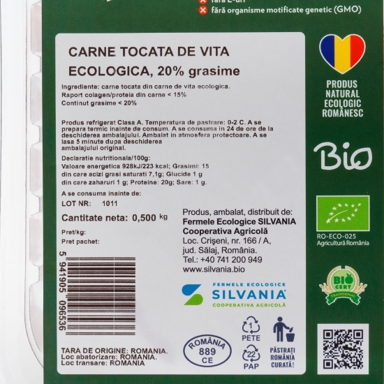 Carne tocată de vită ecologică 20% grăsime 500g