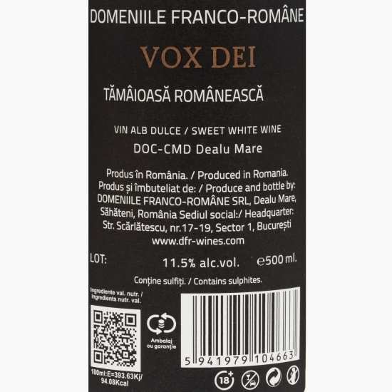 Vin alb dulce Tămâioasă Românească Vox Dei, 11.5%, 0.5l