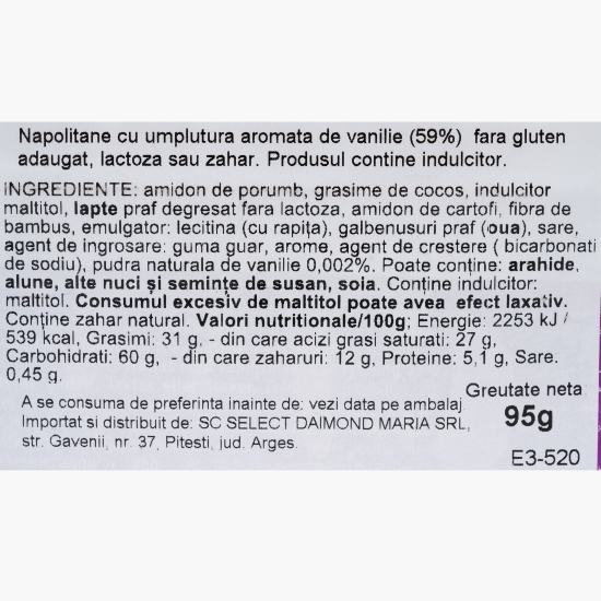 Napolitane cu cremă de vanilie, fără zahăr, fără gluten și fără lactoză Happy Lea Life 95g