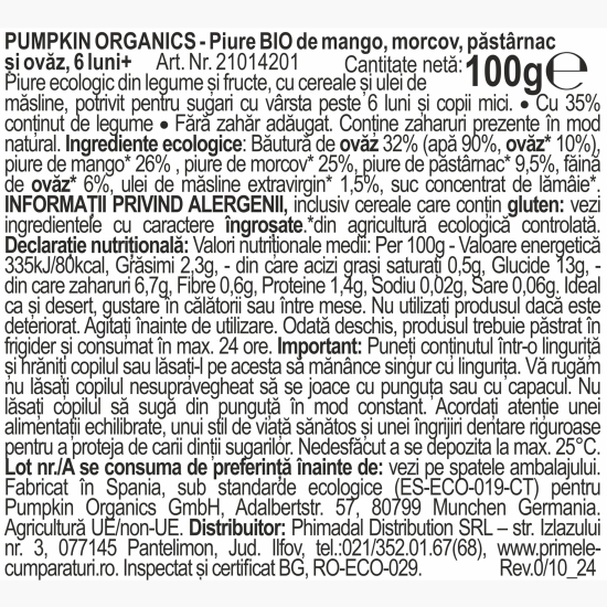 Piure eco de mango, morcov, păstârnac și ovăz 100g, +6 luni