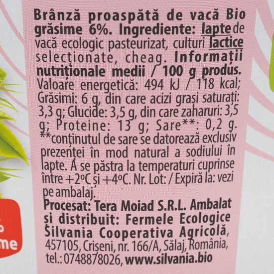 Brânză eco, proaspătă de vacă 6% grăsime, 160g