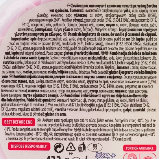 Înghețată de cacao, vanilie și căpșuni 900ml