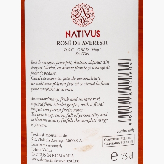 Vin rose sec Nativus de Averești, D.O.C. Huși, 13%, 0.75l