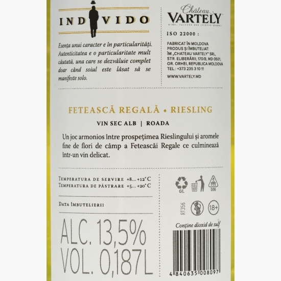 Vin alb sec Individo Fetească Regală & Riesling, 13.5%, 0.187l