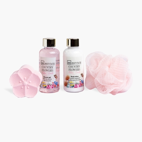 Set cadou Country Flowers: gel de duș 100ml + loțiune de corp 100ml + bombă baie 60g + burete