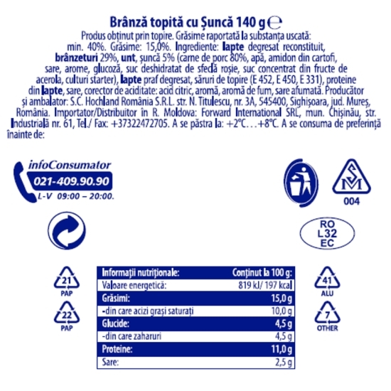 Brânză topită triunghiuri cu șuncă 140g