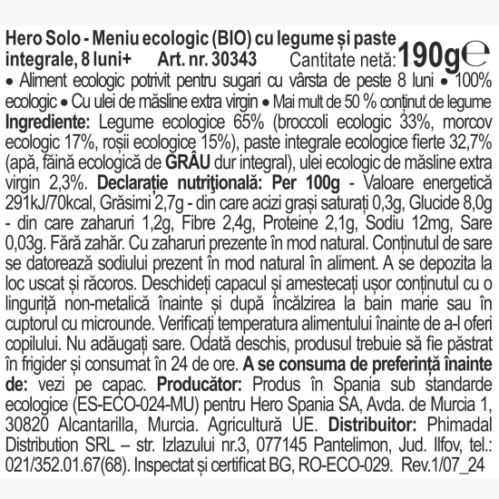 Meniu eco cu legume și paste integrale 190g, +8 luni