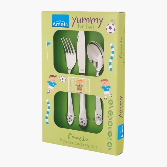 Set tacâmuri pentru copii Amefa Footie, cutie cadou, 3 piese, oțel inoxidabil 18/0, 2.5mm