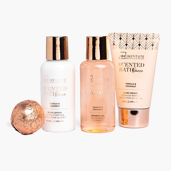 Set cadou Bath Bronze: gel de duș 100ml + loțiune de corp 100ml + cremă mâini 80ml + bombă baie 40g